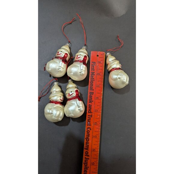 Vintage Blown Mercury Glass Snowman Ornaments 5 Pc Set Hand-Painted Red Scarf - Picture 6 of 6